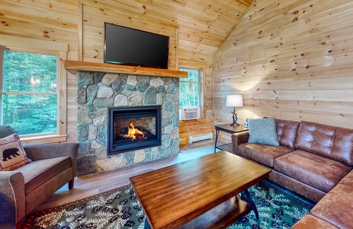 Carrabassett Valley Cabin | Gorgeous dog-friendly home with deck, hot tub, gas fireplace, & spectacular view