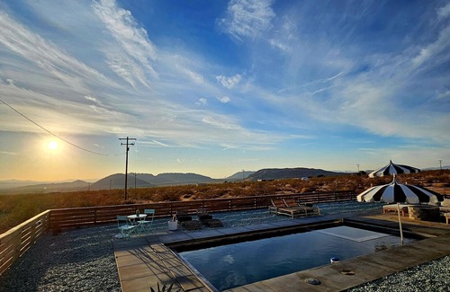 Landers House | Modern 1-bedroom studio with peaceful mountain views, firepit, pool and hot tub.