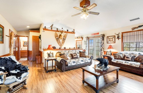 Cedarpines Park House | Mountain-view cabin with deck, gas grill, fireplace, foosball, & washer/dryer