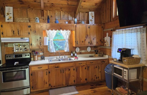 Lansing Cabin | Peaceful Riverfront Log Cabin w/Hot tub near West Jefferson