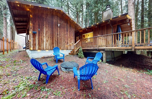 Mount Hood Village Cabin | Secluded dog-friendly cabin with two fireplaces, washer/dryer, deck & firepit