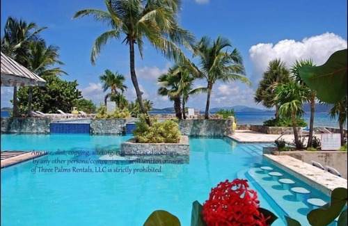 Red Hook Condo | "THREE PALMS"~ Directly ON beach, remodeled, private patio, pool, quiet & clean