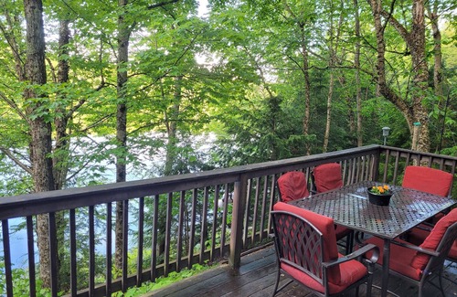 Grantham Cabin | Waterfront Cabin- look down on water from deck, private docks & fire pit