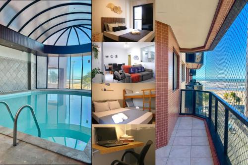 2 Quartos com Varanda sendo 1 Suíte, Cozinha completa, Vista Mar - Condomínio Frente Mar, Lazer completo com Piscina coberta e aquecida, Estacionamento, Portaria 24h - Apto indicado para Grupos, Famílias e Hóspedes a Trabalho, Praia da Guilhermina