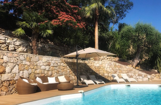 Welcoming air-conditioned villa with lovely sea view and swimming pool surrounded by olive trees