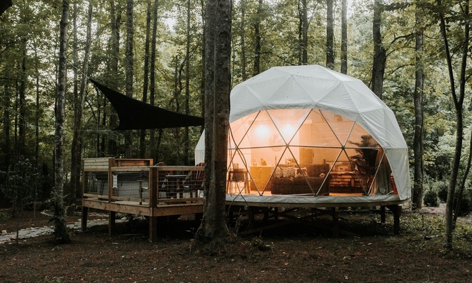 Pittman Center RV Rental | Amazing Creekside Glamping Dome in Park-Like Setting with Hot Tub & A/C!