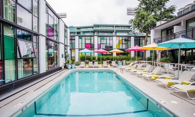 West Fens Hotel | Backstage King w/Garden Terrace, Outdoor Pool, Onsite Dining & Bar!