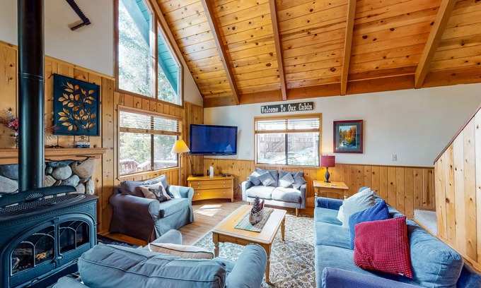 Dorrington House | Dog-friendly Big Trees Village cabin w/deck, gas fireplace, & private W/D