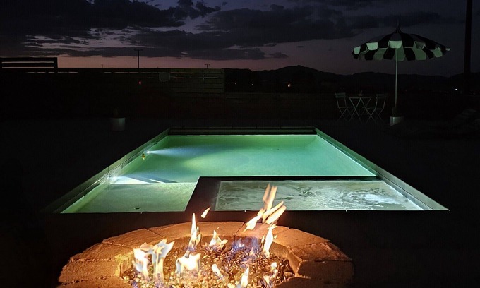 Landers House | Modern 1-bedroom studio with peaceful mountain views, firepit, pool and hot tub.