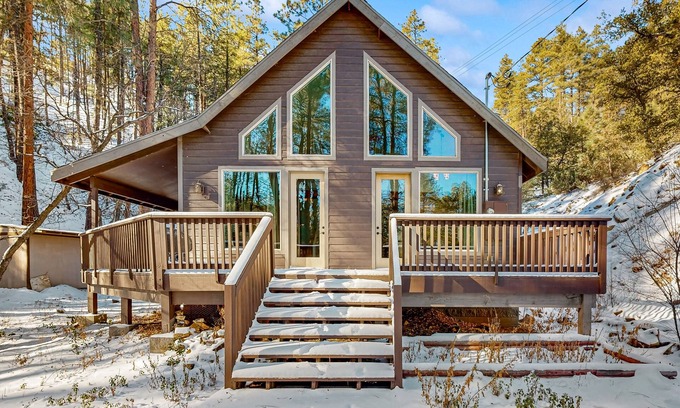 Iron Springs Cabin | Modern mountain cabin with forested views, play loft & deck - dog-friendly
