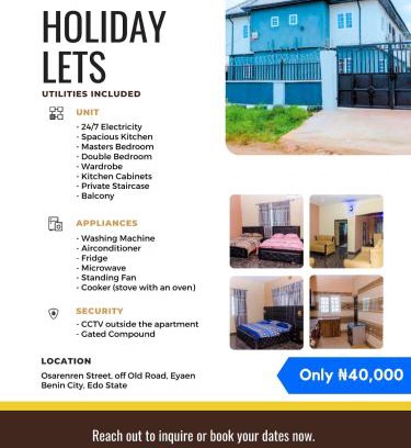 Benin City Apartment | Royal Guests Holiday Lets - A Modern 2-Bedroom Apartment with balcony, 24H CCTV, perfect for families, business or leisure