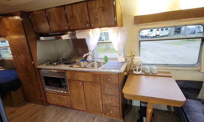 Bellaire RV Rental | Vintage Trailer Nestled into a beautifully wooded Campground